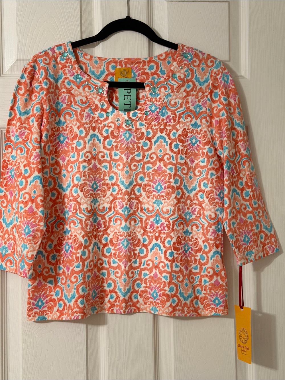 Ruby Rd. Coral, Aqua & Pink Embellished Medallion Top